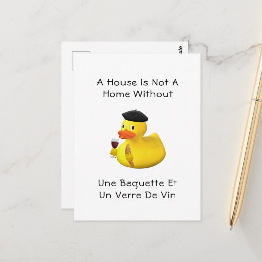 Baguette en Wine Rubber Duck Beret Briefkaart (Voorkant / Achterkant in situ)
