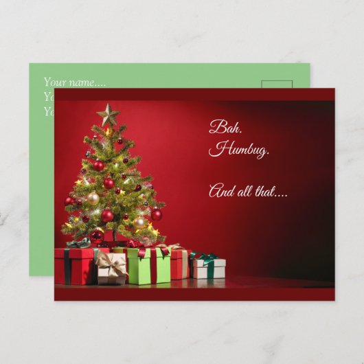 "Bah. Humbug. En dat alles..." boom met cadeaus Briefkaart (Voorkant / Achterkant)