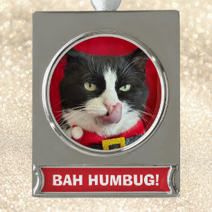 Bah Humbug Tuxedo Kat Kerstversiering Verzilverd Banner Ornament