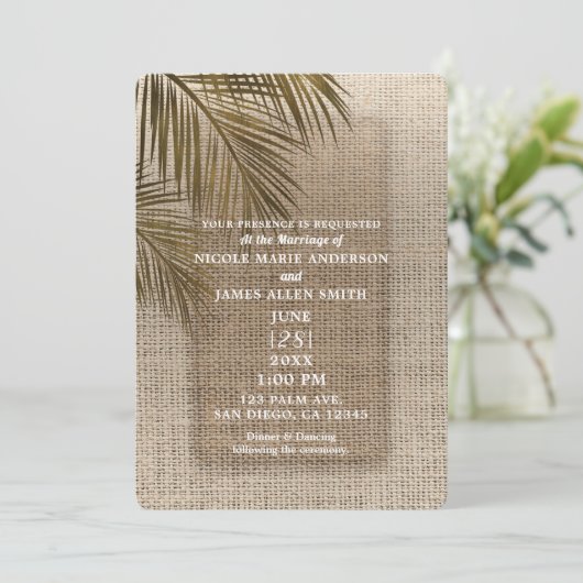 Bahama Breeze Bronze Palm Rustic Burlap Wedding Kaart (Staand voorkant)
