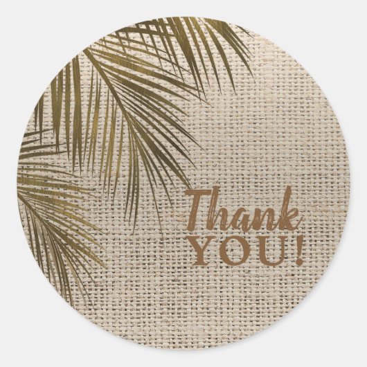 Bahama Breeze Bronze Palm Rustic Burlap Wedding Ronde Sticker (Voorkant)
