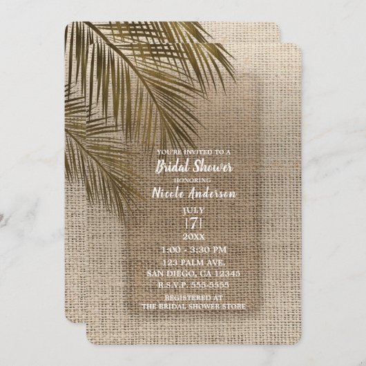 Bahama Breeze Bronzen Palm Rustieke Jute Bruidsdec Kaart (Voorkant / Achterkant)