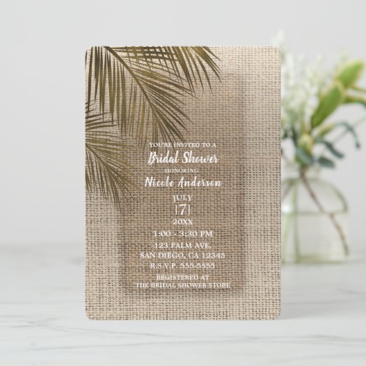 Bahama Breeze Bronzen Palm Rustieke Jute Bruidsdec Kaart (Staand voorkant)