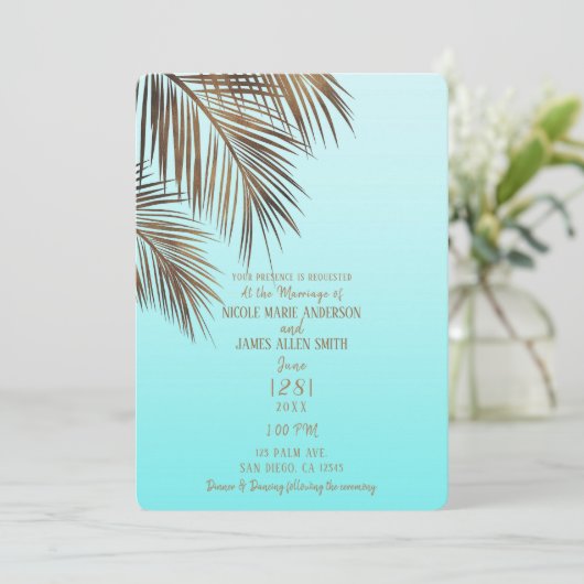 Bahama Breeze Koper Palm Aqua Zee Blauw Bruiloft Kaart (Staand voorkant)