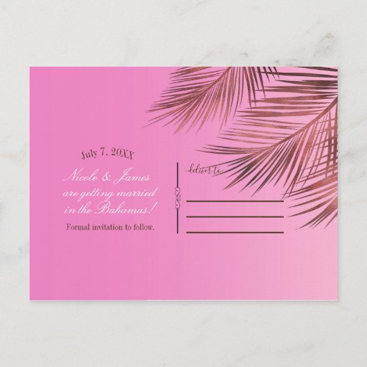 Bahama Breeze koper Palm Roze sparen de datum Aankondigingskaart (Achterkant)