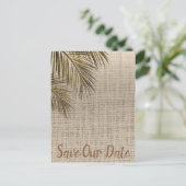 Bahama Bronzen Palm Rustieke Burlap Save the Date Aankondigingskaart (Staand voorkant)