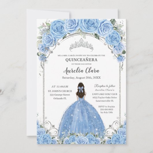 Bahama Hemelsblauw Bloemen Jurk Zilver Quinceañera Kaart (Voorkant)
