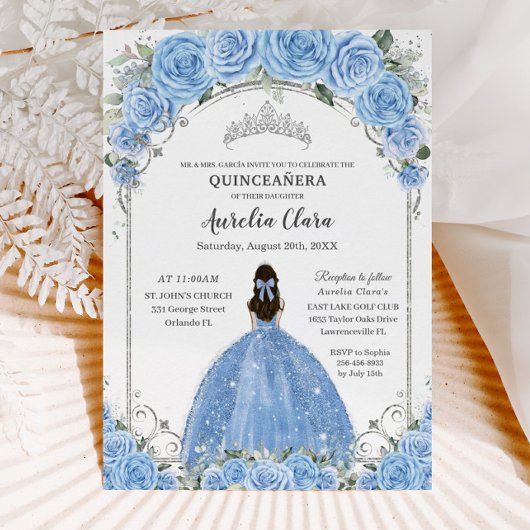 Bahama Hemelsblauw Bloemen Jurk Zilver Quinceañera Kaart