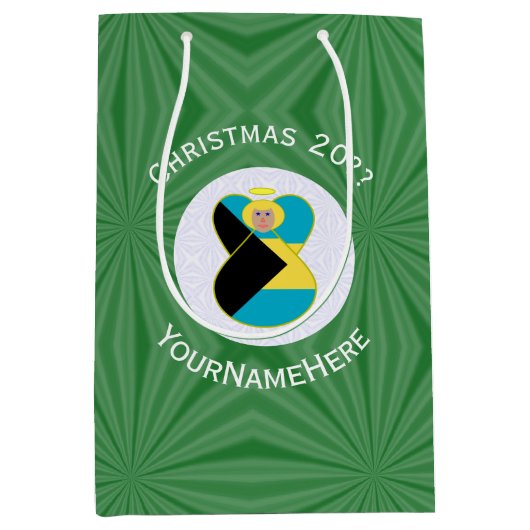 Bahamaanse vlag kerst blond engel gepersonaliseerd medium cadeauzakje (Voorkant)