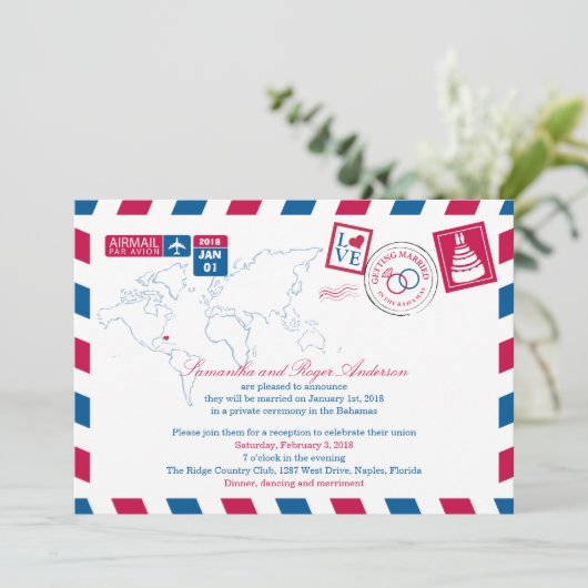 Bahamas Airmail Post Wedding Reception Kaart (Staand voorkant)