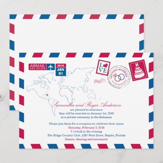 Bahamas Airmail Post Wedding Reception Kaart (Voorkant / Achterkant)