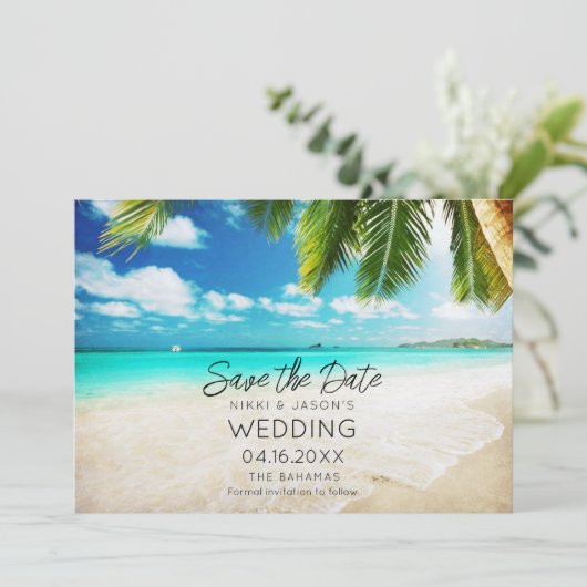 Bahamas Beach Destination Wedding Save The Date (Staand voorkant)