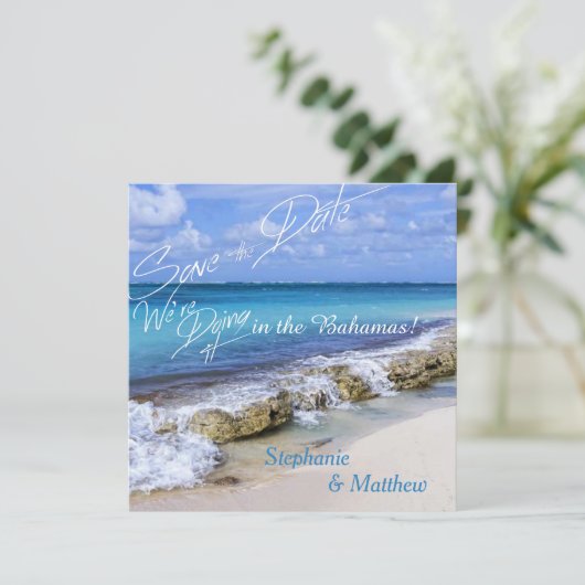 BAHAMAS BEACH SHORE Wedding Save the Date (Staand voorkant)