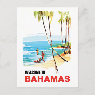 Bahamas, jonge mensen op het strand en palmbomen briefkaart