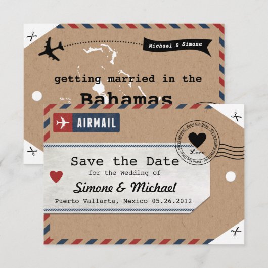 Bahamas Luchtpost Bagage Label Save the Date met K (Voorkant / Achterkant)