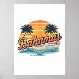 Bahamas Retro Sunset Palm Trees Design Poster