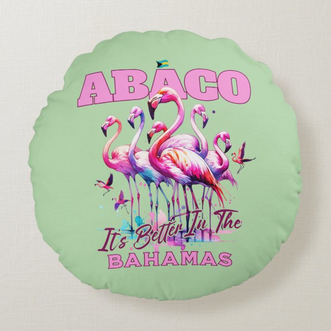 Bahamas Souvenir Gift: Abaco Bahamas Flamingo Rond Kussen (Voorkant)