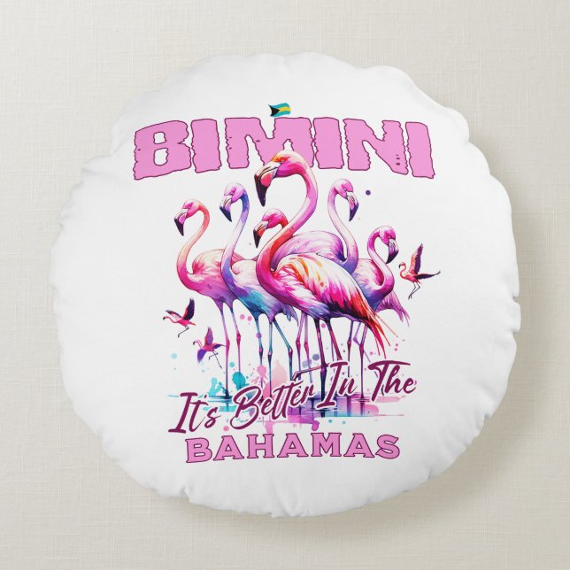 Bahamas Souvenir Gift: Bimini Bahamas Flamingo Rond Kussen (Voorkant)