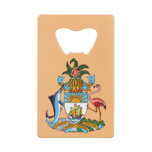 Bahamas Wapen - Marlin, Flamingo, Conch Creditkaart Flessenopener (Voorkant)