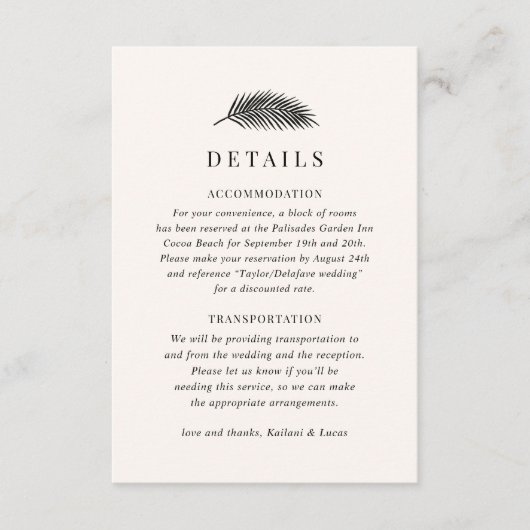 Bahia Minimal Palm Leaf Wedding Details Informatiekaartje (Voorkant)