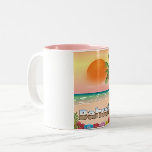 Bahreinse strandreisposter tweekleurige koffiemok (Voorkant links)