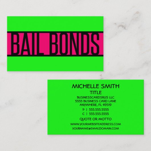 Bail Bonds Neon Green en Hot Pink Visitekaartje (Voorkant / Achterkant)