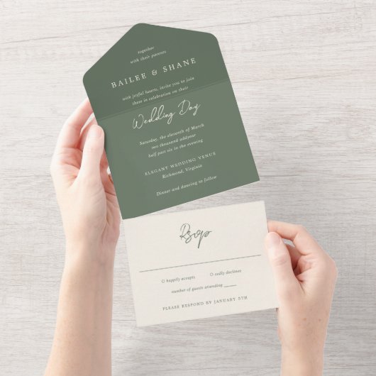 Bailee Olive Green Modern Wedding All In One Uitnodiging (Afscheurbaar)