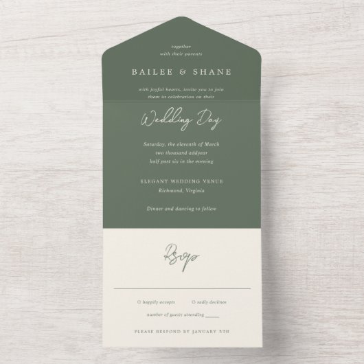 Bailee Olive Green Modern Wedding All In One Uitnodiging (Binnen)