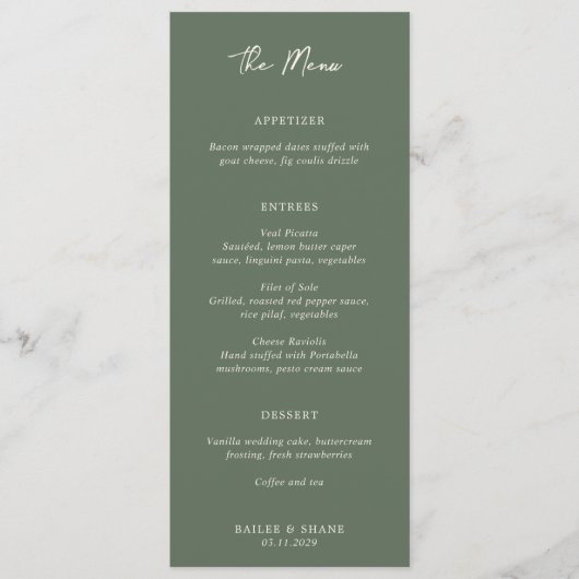 Bailee Olive Green Modern Wedding Menu (Voorkant)