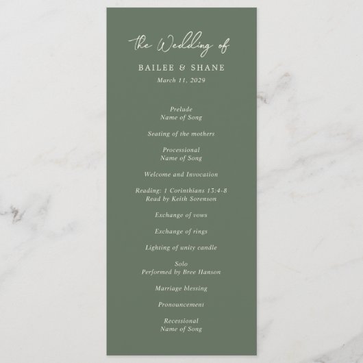 Bailee Olive Green Modern Wedding Programmakaart (Voorkant)