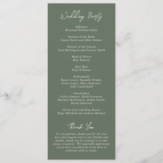 Bailee Olive Green Modern Wedding Programmakaart (Achterkant)