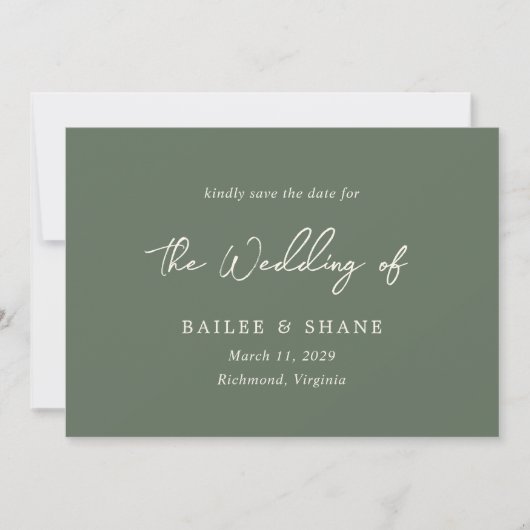 Bailee Olive Green Modern Wedding Save The Date (Voorkant)