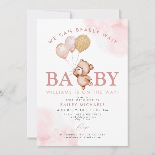 BAILEY Pink Barly Wait Teddy Bear Baby shower Kaart (Voorkant)