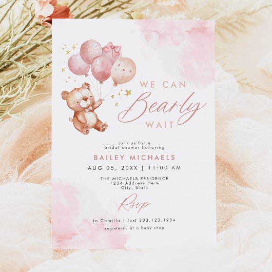 BAILEY Pink Barly Wait Teddy Bear Baby shower Kaart