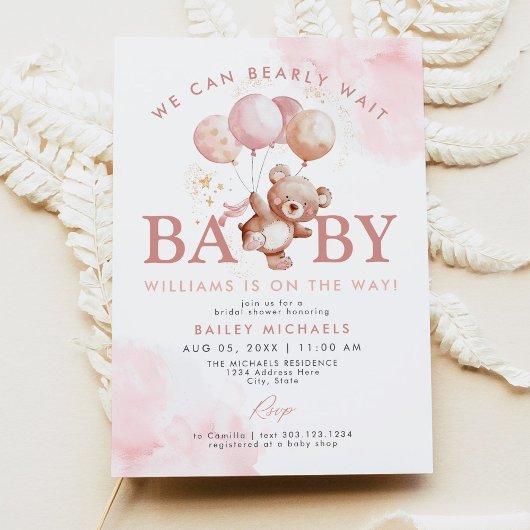 BAILEY Pink Barly Wait Teddy Bear Baby shower Kaart
