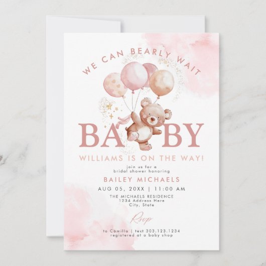 BAILEY Pink Barly Wait Teddy Bear Baby shower Kaart (Voorkant)