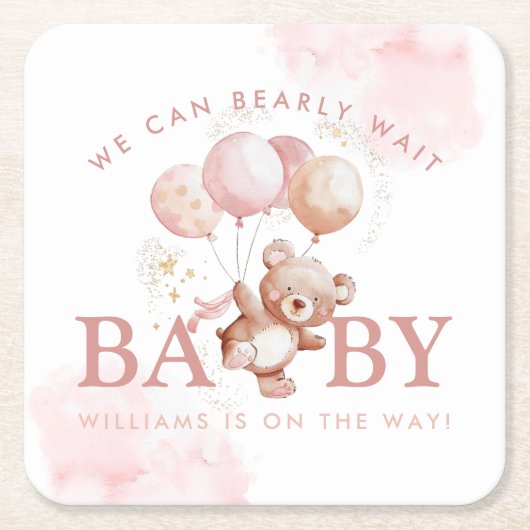 BAILEY Pink Barly Wait Teddy Bear Baby shower Kartonnen Onderzetters (Voorkant)