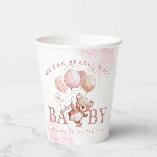 BAILEY Pink Barly Wait Teddy Bear Baby shower Papieren Bekers (Voorkant)
