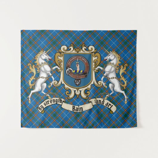 Bain Clan Badge & Unicorns w & Tartan Wandkleed (Voorkant (horizontaal))