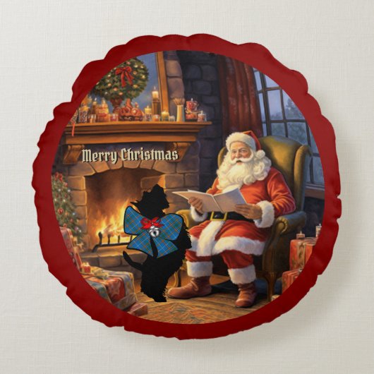 Bain Scottie Dog & Santa Gepersonaliseerde Kerstmi Rond Kussen (Voorkant)