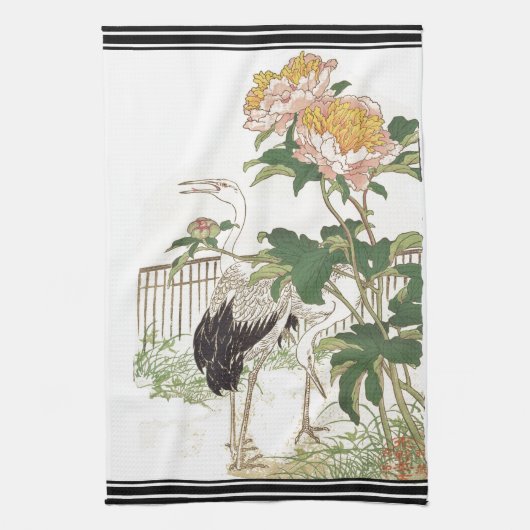 Bairei Japan Crane Bird Peony Flower Kitchen Towel Theedoek (Verticaal)