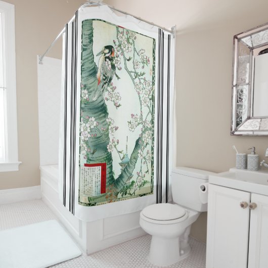 Bairei Woodpecker Bird Cherry Tree Shower Curtain Douchegordijn (In situ)