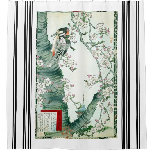Bairei Woodpecker Bird Cherry Tree Shower Curtain Douchegordijn (Voorkant)