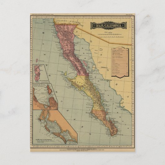 Baja California Antiek Map Briefkaart (Voorkant)