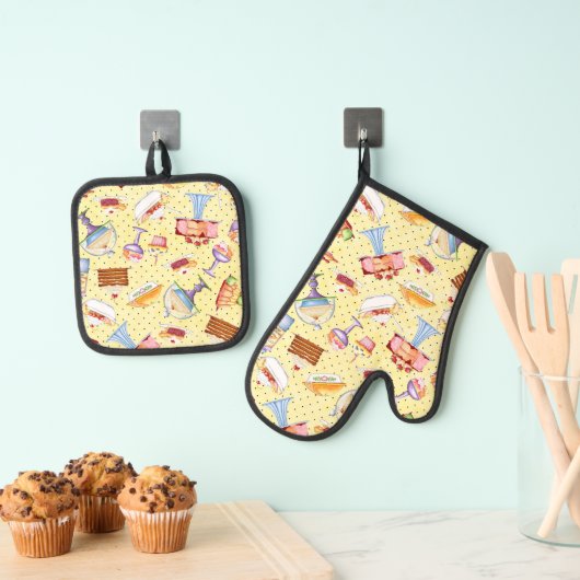 Bak Sale Sweets Gele Polka Dot Achtergrond Ovenwant & Pannenlap Set (Insitu(Ophanging))