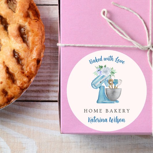Baked with Love Blue Flower Mixer Ronde Sticker