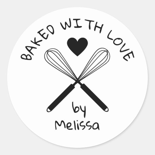 Baked With Love Kitchen Whisk Black And White Ronde Sticker (Voorkant)