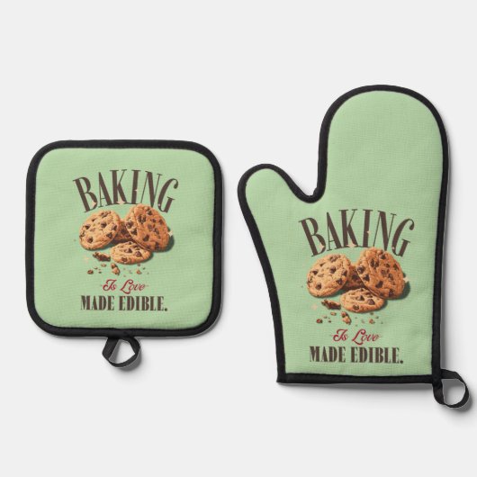 Baken is liefdesgemaakt eetbaar ovenwant & pannenlap set (Voorkant)