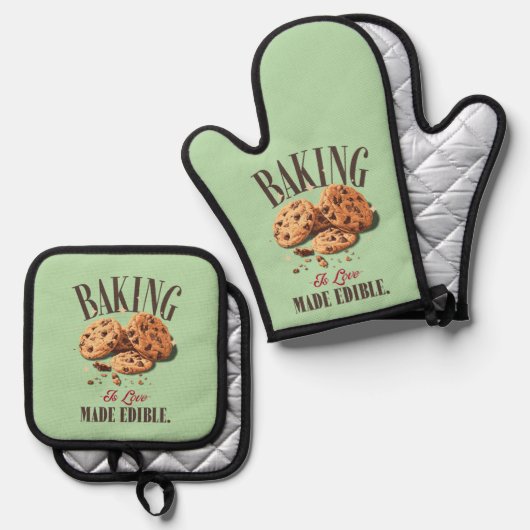 Baken is liefdesgemaakt eetbaar ovenwant & pannenlap set (Voorkant / Achterkant)