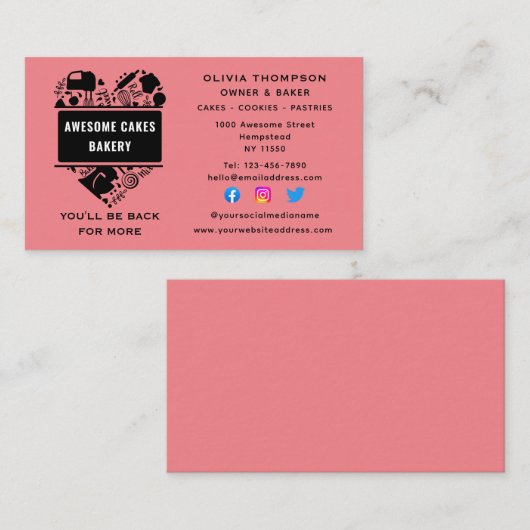 Baker Bakery Cakes Koekjes Pastry Chef Pink Black Visitekaartje (Voorkant / Achterkant)